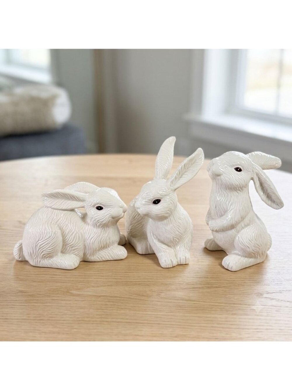 Vintage White Ceramic Bunny Family Set 3 Pink Eyes Porcelain Rabbit Figurines